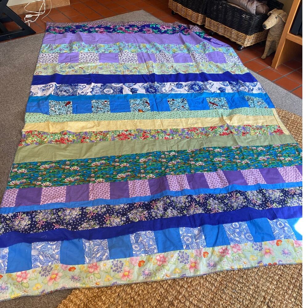 Handmade 90s Patchwork Quilt Top 100x68 Blue Purple Floral Cotton Strip Pieced